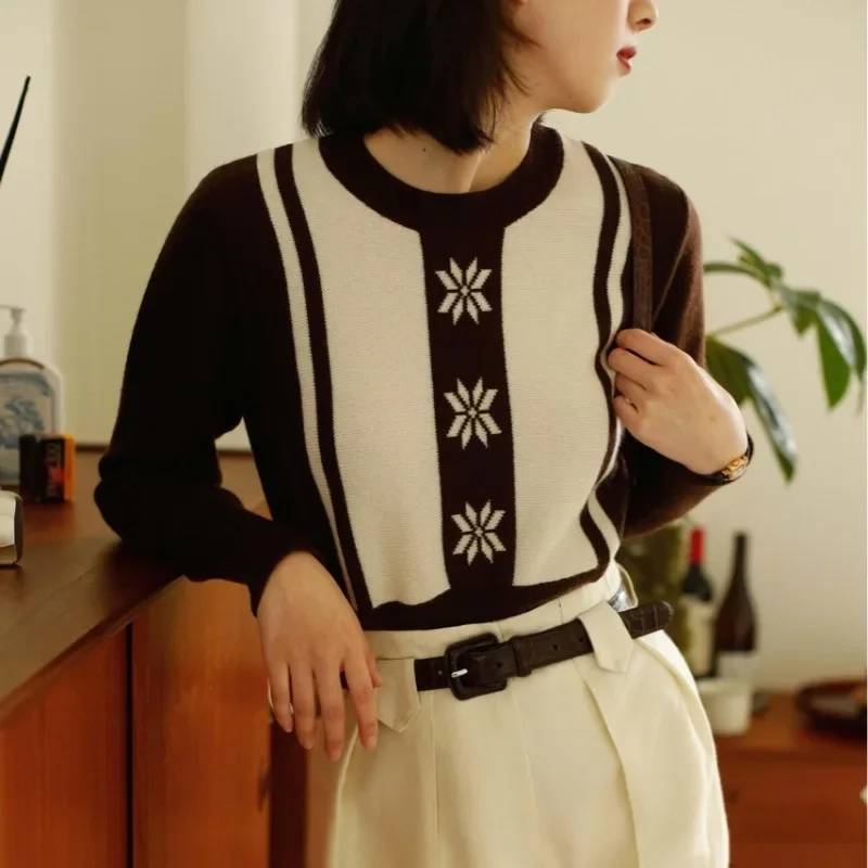 ALIDI 2024 Retro Sweater Women's Autumn/Winter Snowflake Rice Coffee Color Matching Knitted Bottom Casual Jacquard Craft Top