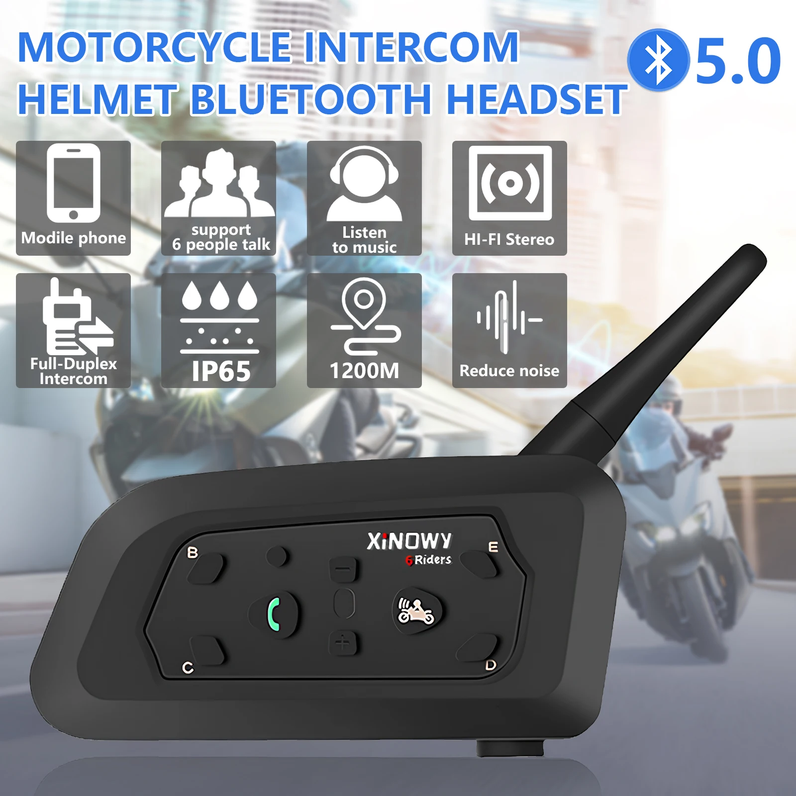 

XiNOWy V6 PRO Motorcycle Intercom helmet Bluetooth headset 6 Rider 800m communicator Waterproof V5.0 Music player walkie-talkie