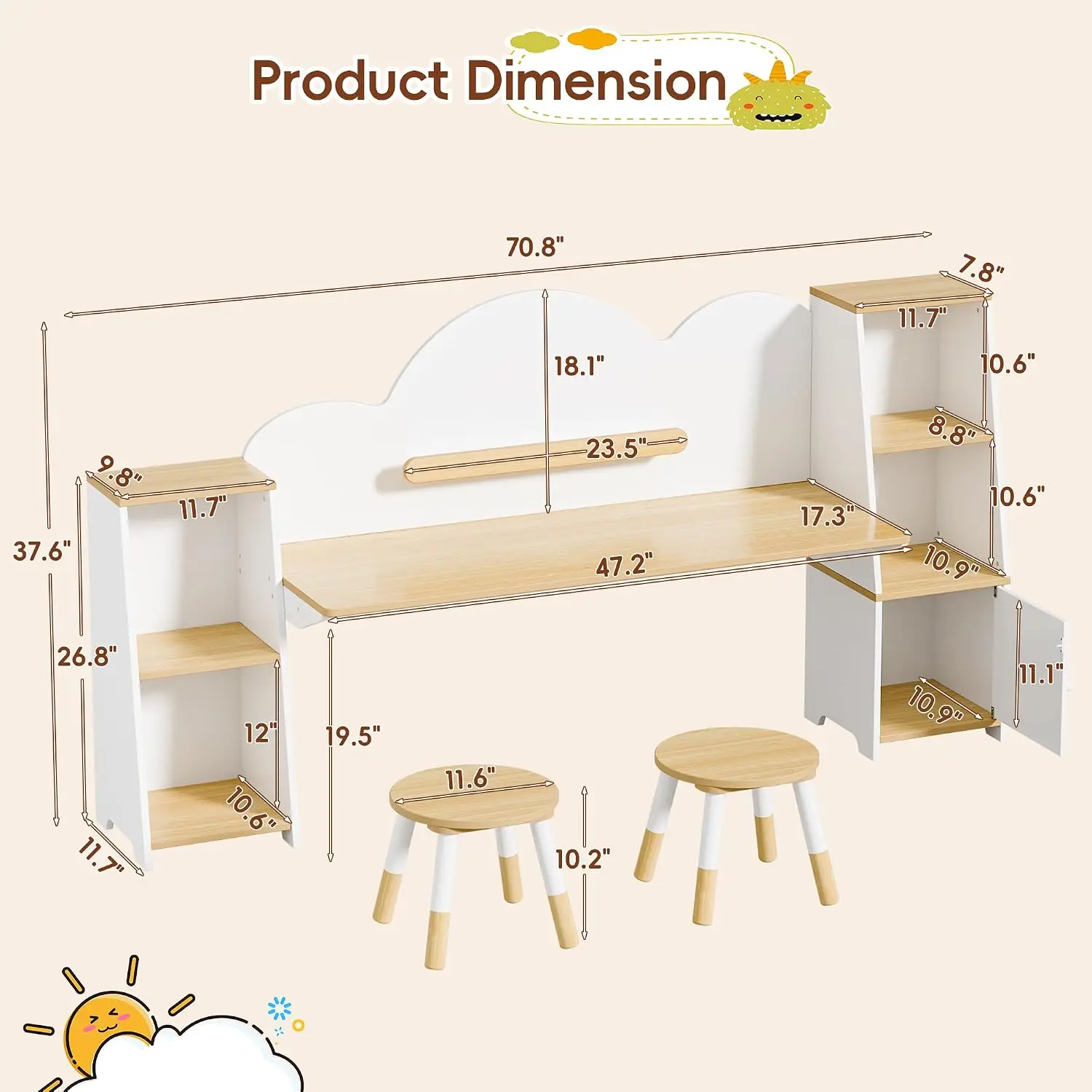 Kids Study Desk & Chair Set with Storage Bookshelves 2 Stools, Student Children Table for Bedroom, Ages 3-8, Customized view 2