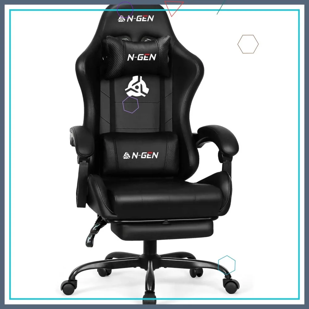 كرسي ألعاب مريح مع مسند للقدمين، ظهر مرتفع، دعم قطني، ارتفاع قابل للتعديل للاستخدام المكتبي والمنزلي باللون الأسود