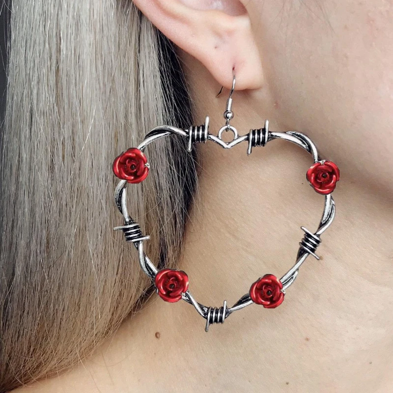 Gothic Vintage Red Rose Thorn Heart-shaped Exaggerated Pendant Earrings for Women Creative Party Jewelry Accessories