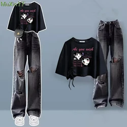 Summer Women Cartoon Print T Shirts Hole Denim Pants 1 or Two Piece Set 2024 New American Retro Black Crops Tops Jeans Outfits