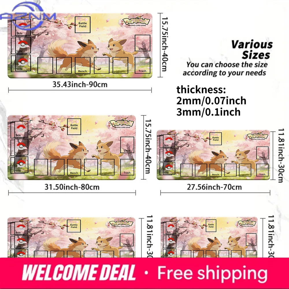 Tapete de Juego Pokémon TCG, Eevee y Yamper, Flor de Cerezo, Tapete Grande Antideslizante para Juegos de Cartas Coleccionables, Disponible en Varios Tamaños