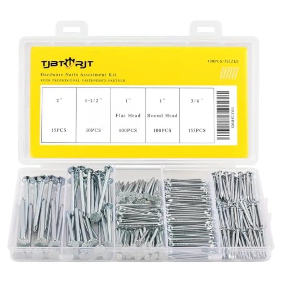 Home use picture hanging nails: wood finishing nails, 5 sizes up to 2 inch, assorted kit for wall art decor, silver finish, dur