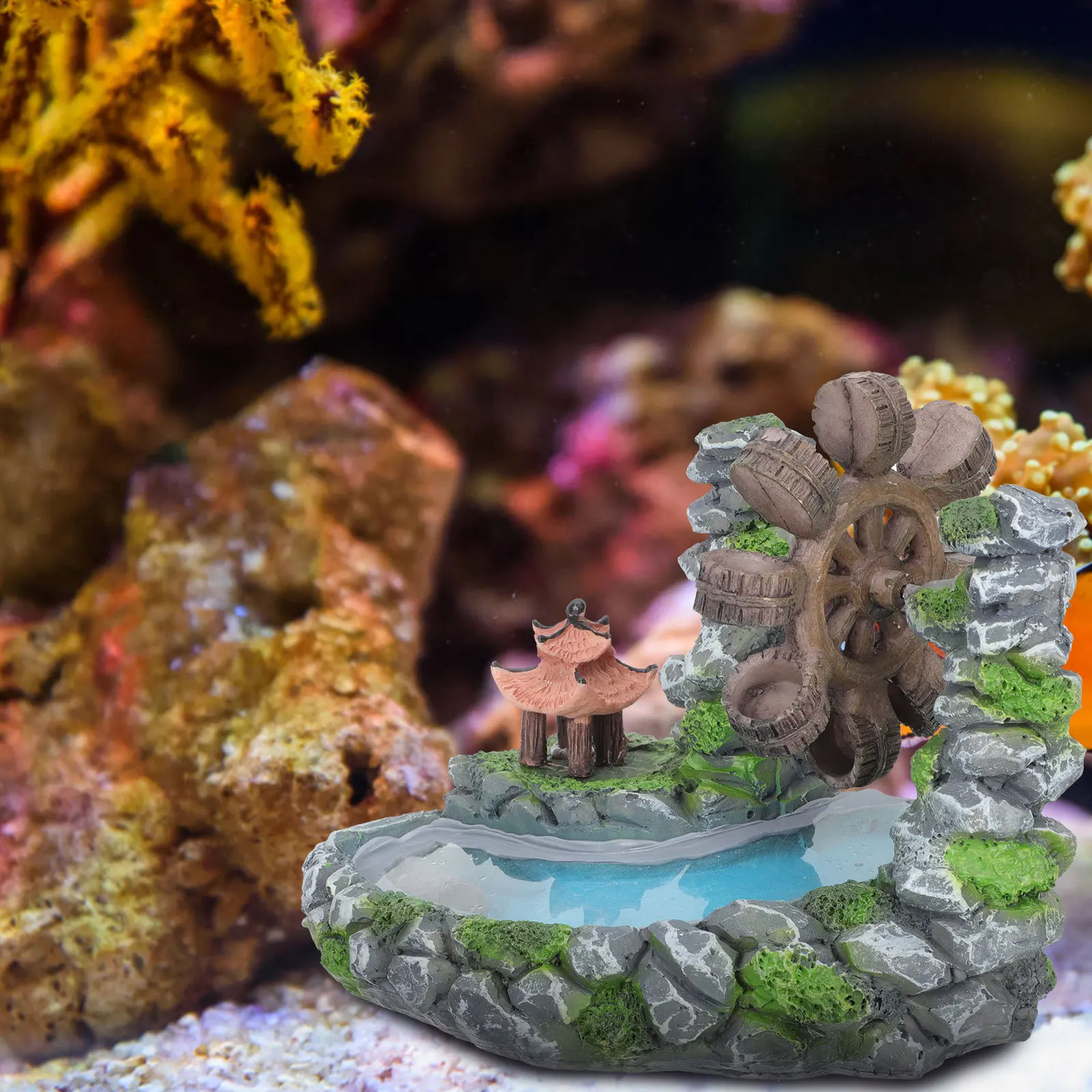 

Resin Waterwheel Fish Tank Mountain Aquarium Accessory Delicate Lightweight Compact Decorative Fake Mountain for Fish Tank