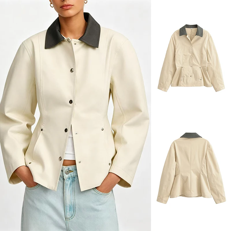 SLTNX Women's Jacket 2026 Spring Fashion Contrasting Color Collar Long Sleeve Coats Casual Female Streetwear