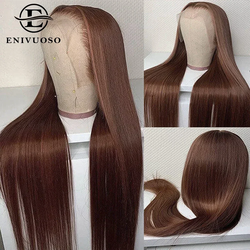 13x4 Chocolate Brown Long Straight Lace Front Wigs For Black Women Colored Transparent HD Synthetic Lace Frontal Wig Pre Plucked