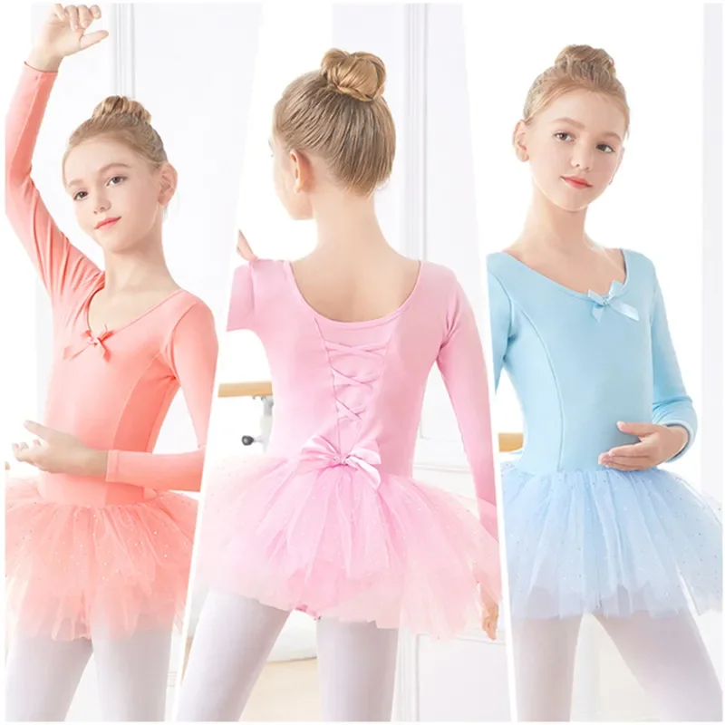 Vestido de tutú de baile de Ballet para niñas, de manga corta de gimnasia leotardo/larga de alta calidad con lazo en V en la espalda, ropa de baile para niños