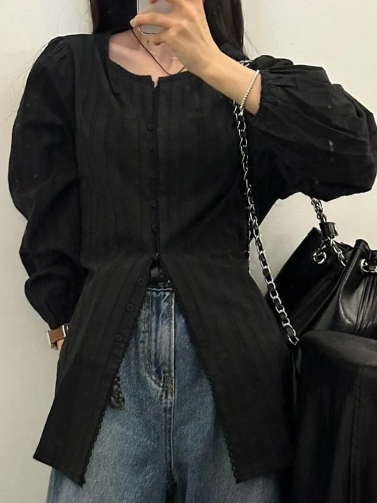 

Ele Ранняя весна Long Sve irt с кружевной отделкой и полосками, закрывающимися талию, дизайн на одной пуговице, корейский Sle Bubble Sve