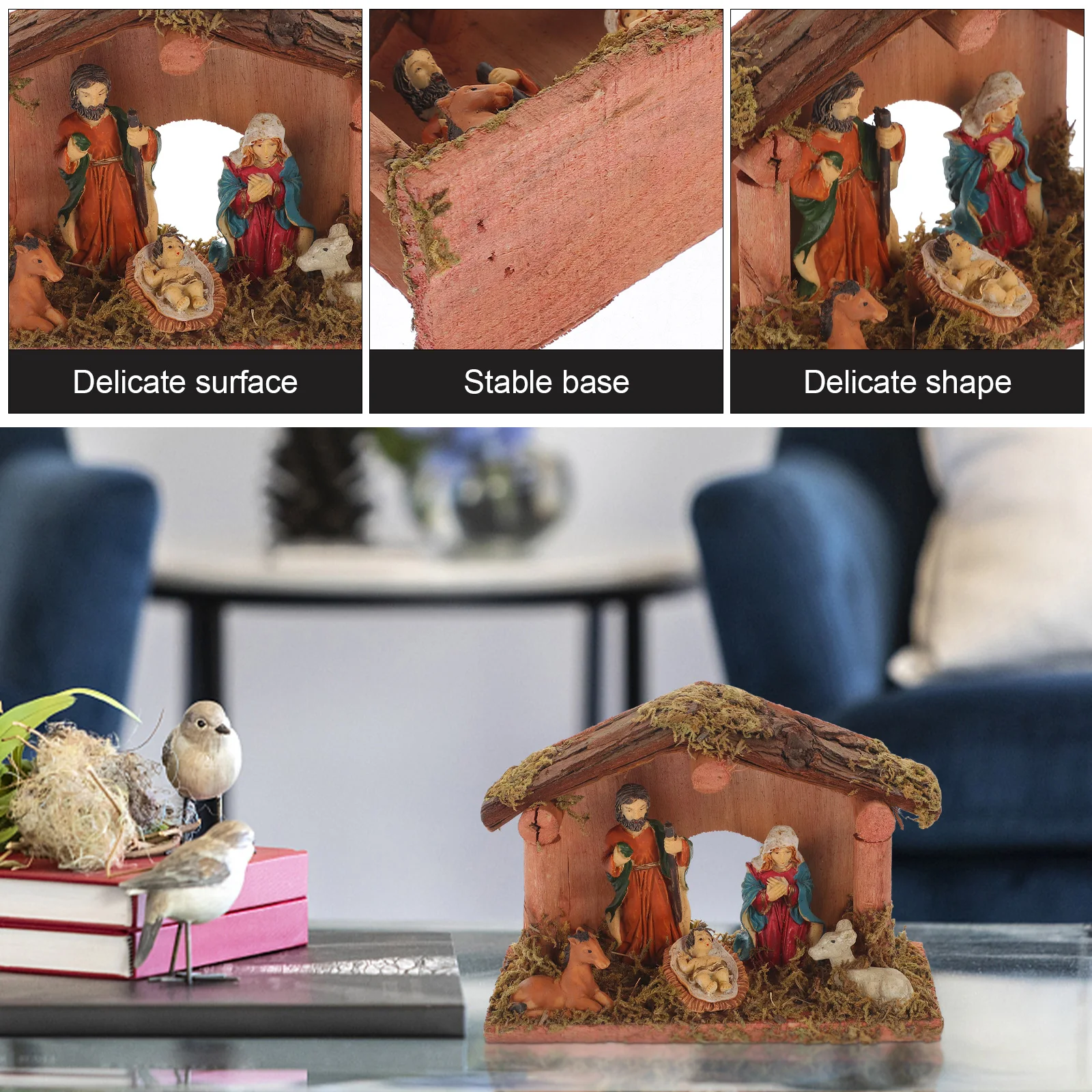 

Wooden House Manger Group Nativity Scene Decorations Resin Jesus Statues Miniature Models Christmas Ornaments Home Office