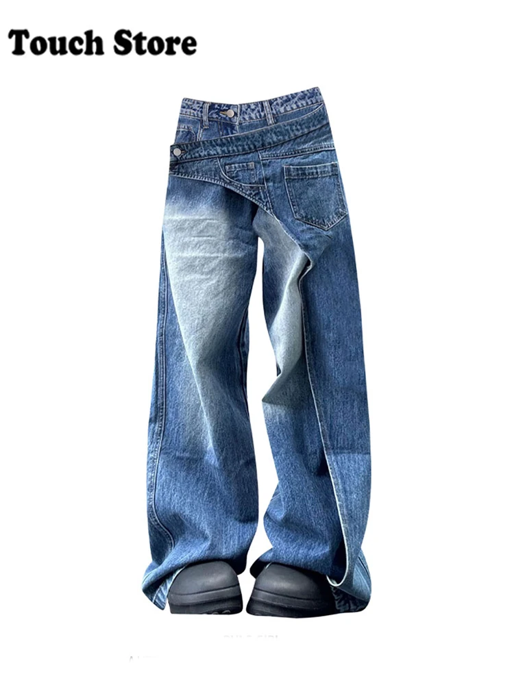 Women Goblin Core Jeans Grunge Japanese Abi Low Rise Gyaru Y2K Denim Pants 2000s Aesthetic Punk Goth Patchwork Harajuku Stylish