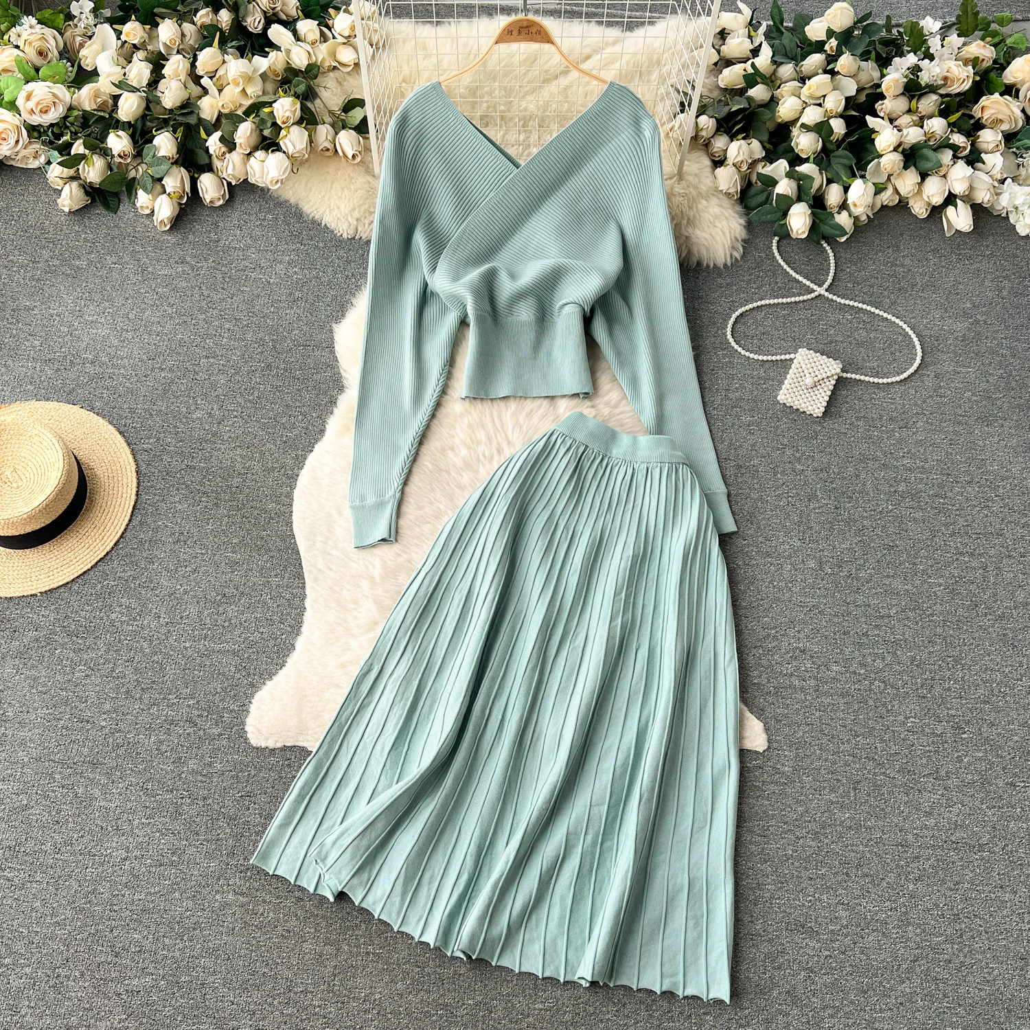 Women Vintage Fashion Knit Two Pieces Skirt Sets Women Slash Neck Long Sleeve Blouse with High Waist A-line Full Skirt