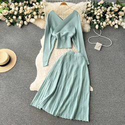 Women Vintage Fashion Knit Two Pieces Skirt Sets Women Slash Neck Long Sleeve Blouse with High Waist A-line Full Skirt