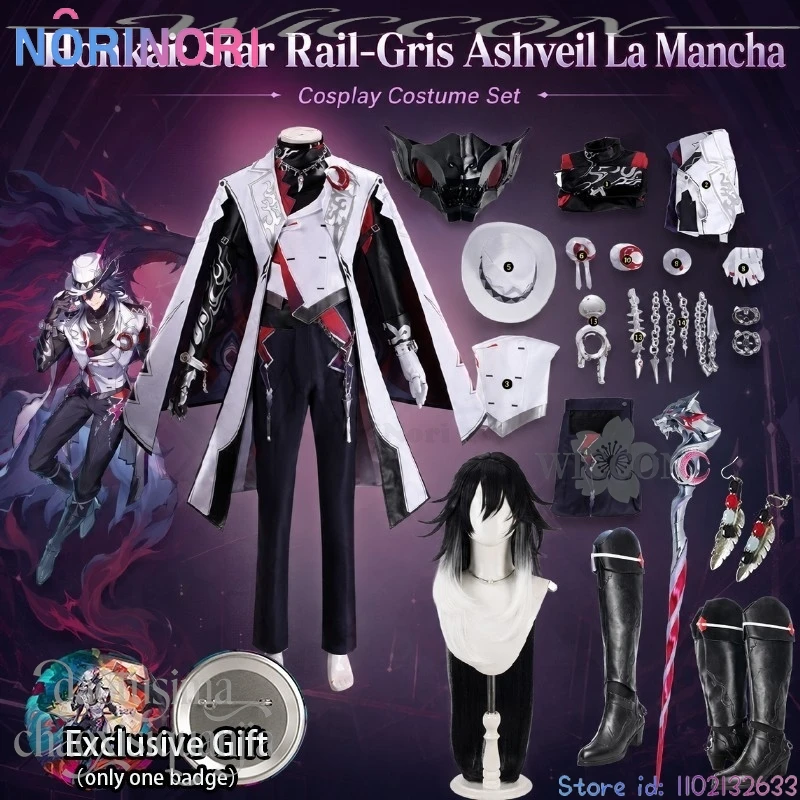 アニメゲーム-honkai-スターレール-コスプレ-グリス・アッシュベイル・ラ・マンシャ-コスチューム-ハンサムな高品質の白いジャケット-パンツ-ウィッグ-スタッフイヤリング
