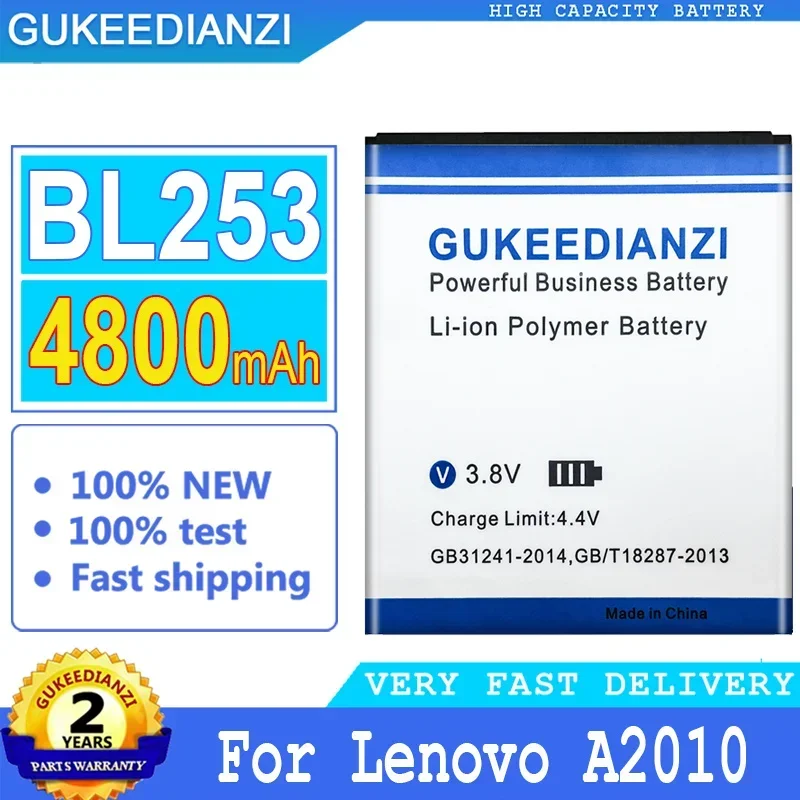 Аккумулятор GUKEEDIANZI для Lenovo, аккумулятор BL253, 4800 мАч, A2010, A2580, A2860, Vibe A 4,0 дюйма, A1000, A1000m, BL 253, BL-253