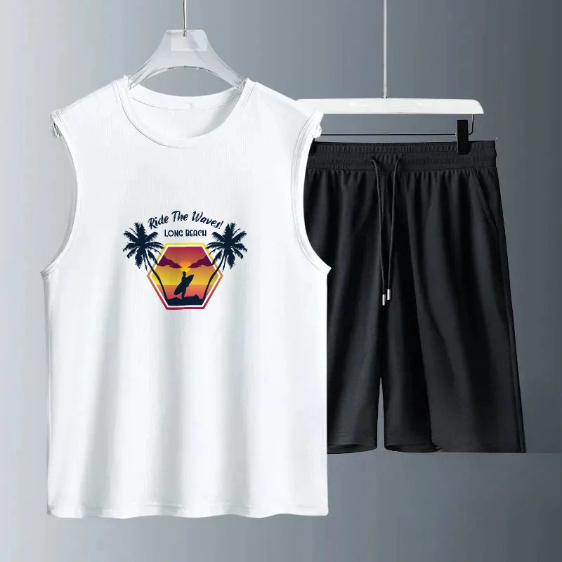 أطقم ملابس يومية صيفية للرجال لعام 2025 بطباعة خماسية برتقالية بدون أكمام ملابس غير رسمية مريحة وخفيفة الوزن للرجال بدلة رياضية #1