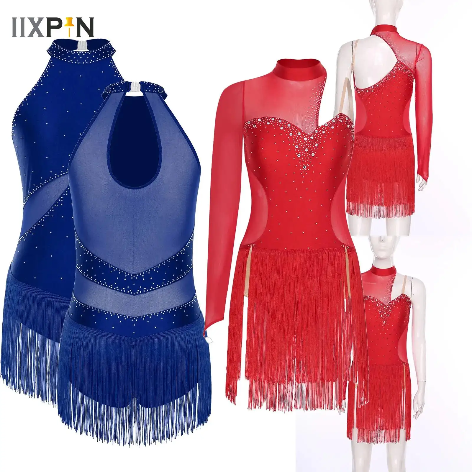 

Women Latin Tango Dance Dress Sheer Mesh Patchwork Sparkling Rhinestones Fringed Dress for Latin Samba Performance Dancewear