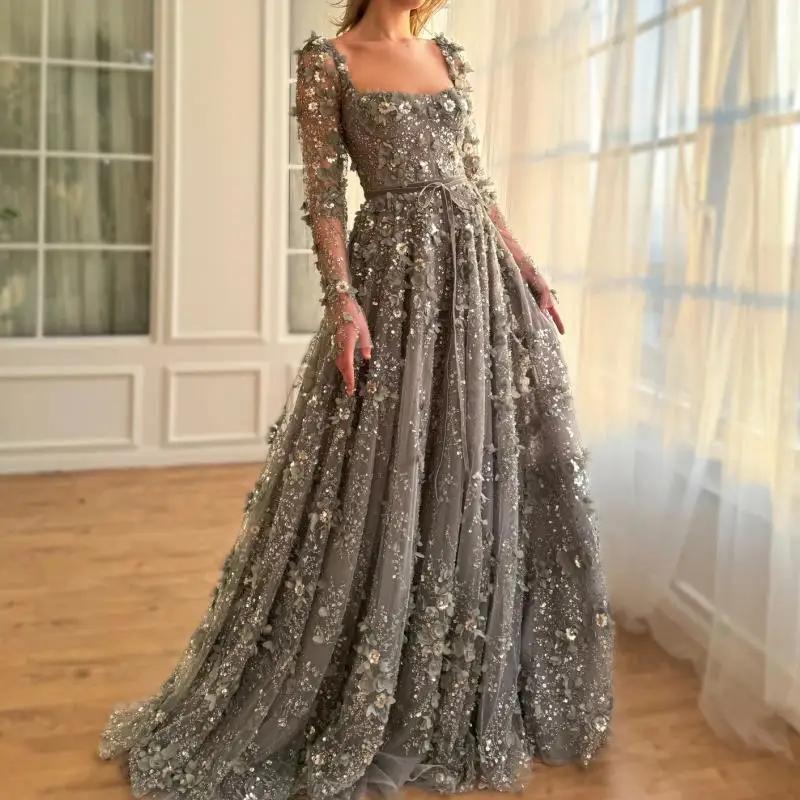 AA21 Customized Elegant Arabic Prom Dresses Long Sleeve 3D Flower Beads Women Formal Occasion Dress Birthday Party Evening Gown