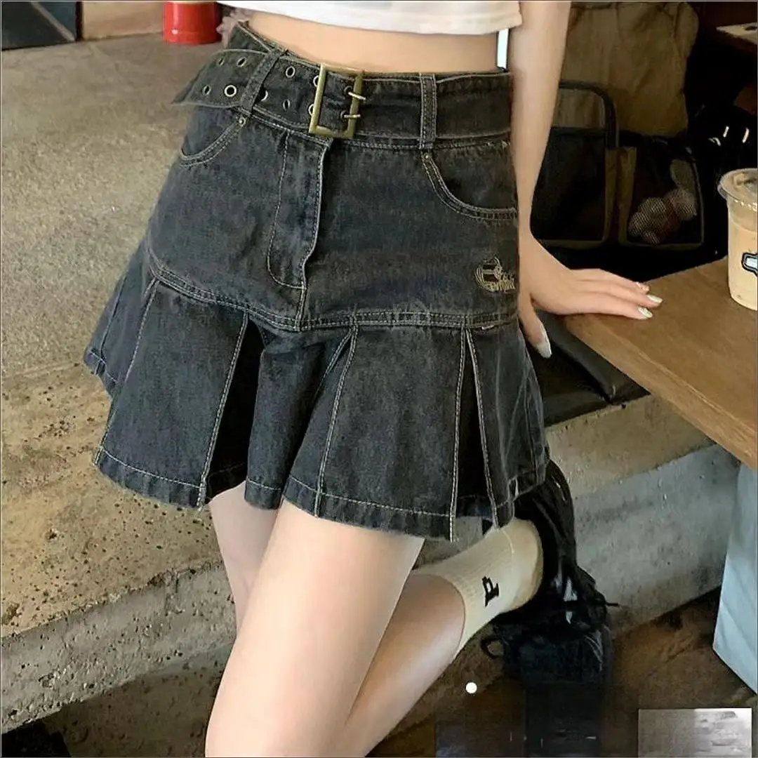 Jupe plissée taille haute en denim pour femme, jupe amincissante polyvalente, jupe courte d'été américaine, vêtements grande taille, Y2K, Harajuku, ligne 2024a