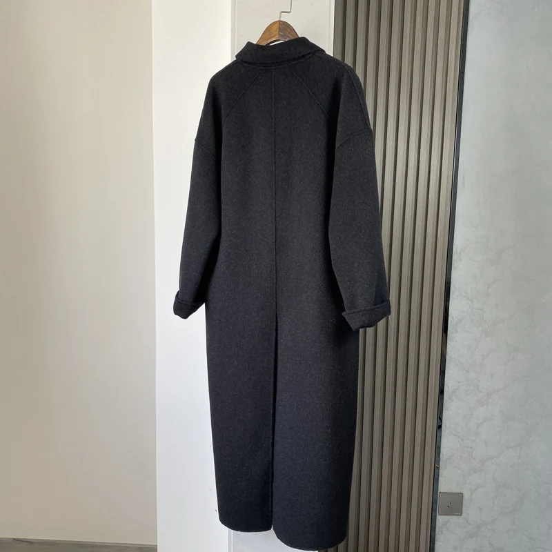 Autumn Winter Wool Coat Women Grey Wool Turn-Down Collar Long Sleeve Single Breasted Long Wool Coat Female Long Wool Jacket