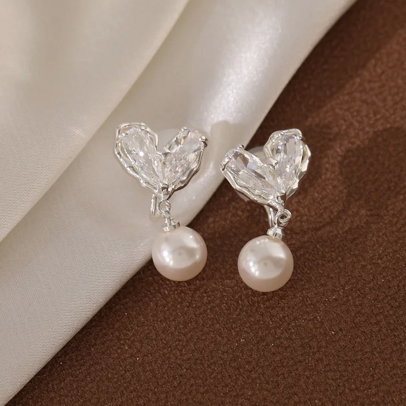 Korean Charm Heart Zircon Mosquito Coil Clip on Earrings Sweet Romantic Women Exquisite Pearl Painless Wedding Banquet Jewelry