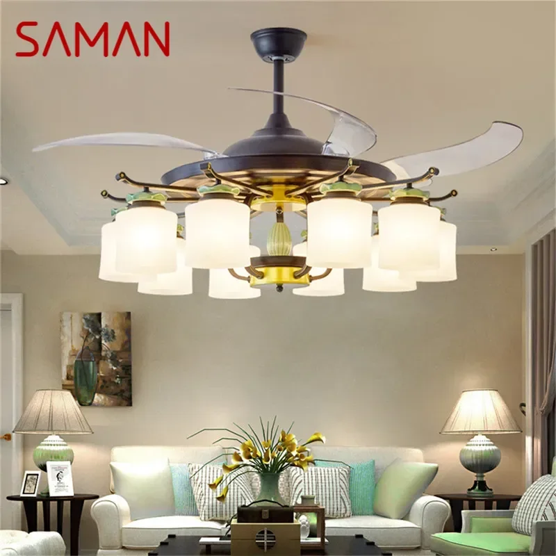 

SAMAN Modern Stealth Fan Light Luxury Living Room Restaurant Bedroom Ceiling Fan Light Remote LED Electric Fan Light