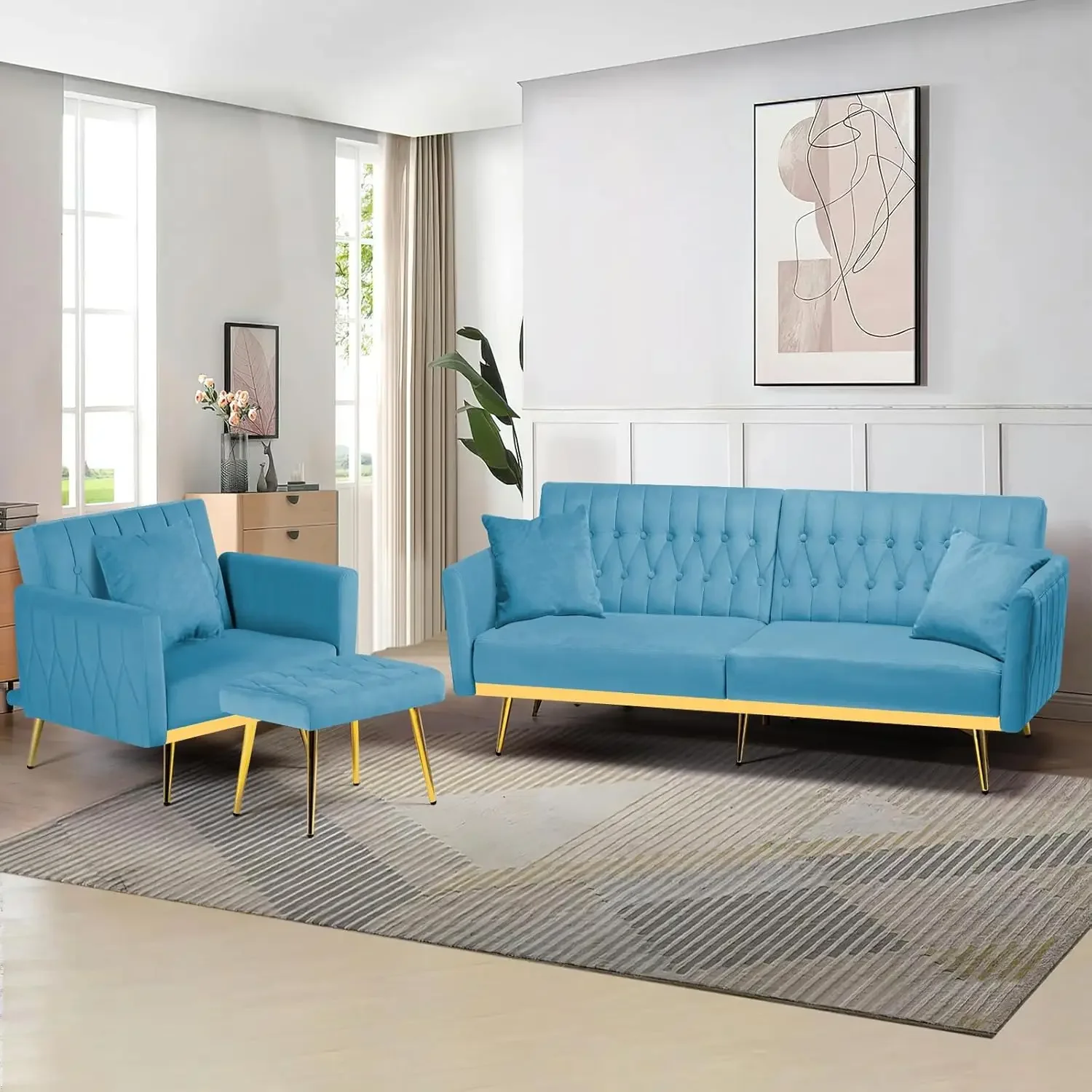 

2 Pieces Tufted Velvet Sofa Set w/Adjustable Backrests & Armrests, Sofa Bed & Recliner Chair W/Pillows