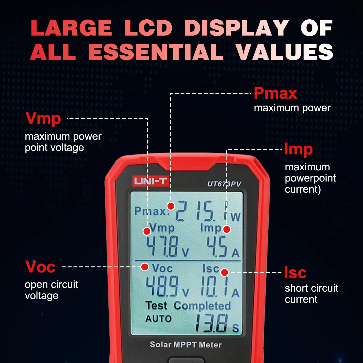 UT673PV solar MPPT Meter fotovoltaico Tester di potenza massima picco circuito aperto tensione cortocircuito corrente Pmax Lmp Voc Lsc Test
