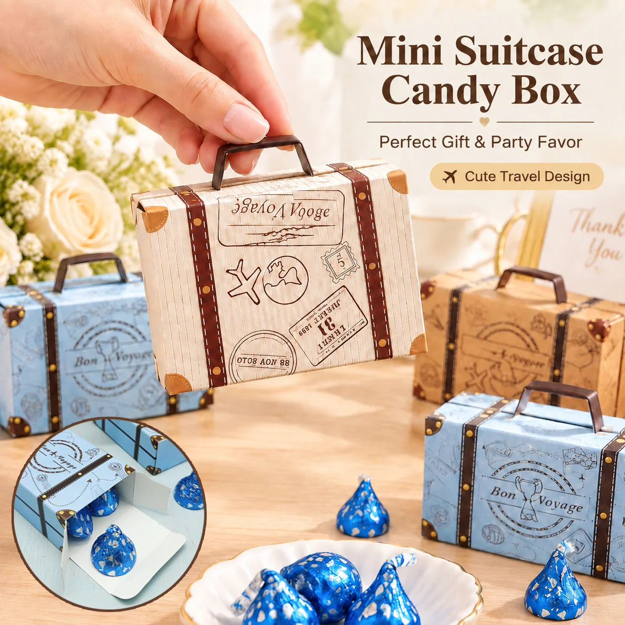 Mini Suitcase Candy Gift Box Vintage Travel Trunk Favor Box Paper Gift Packaging Box for Wedding Birthday Party Candy Treat