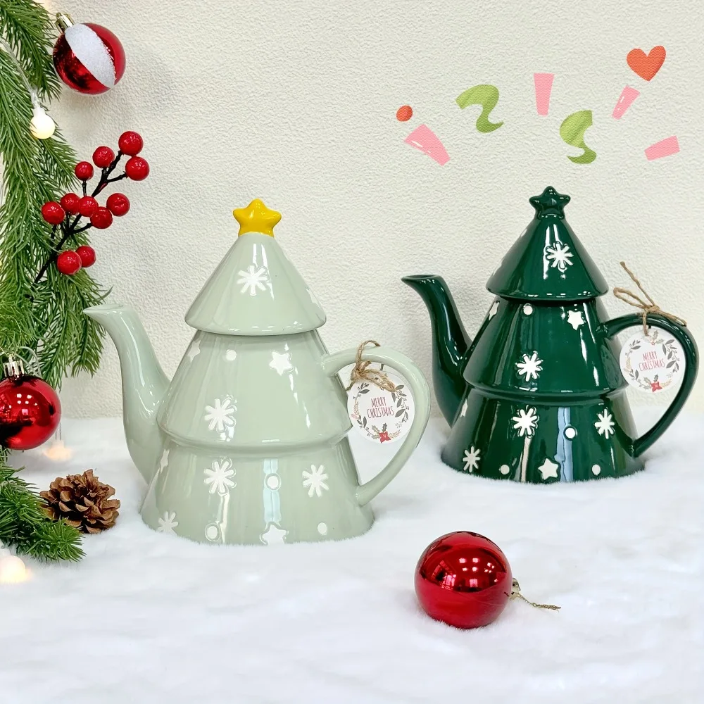 

27.7oz Ceramic Christmas Teapot Festivel Tree for Hot Beverages Coffee Dishwasher Holiday Gift Kawaii Tea Kettle
