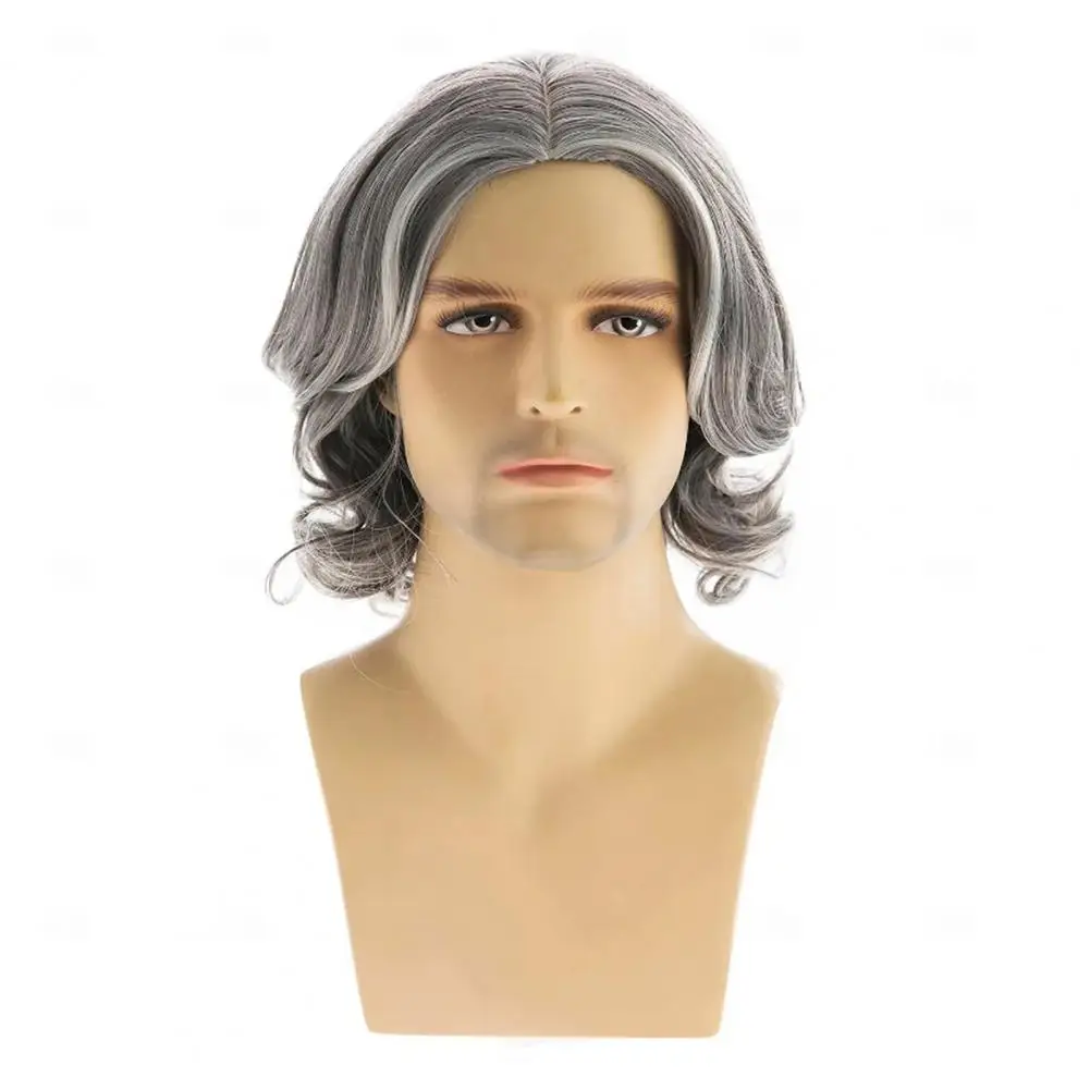 Fluffy Men Wig Men Short Wig Short Curly Silver-gray Wig with Side Bangs Natural Fluffy Synthetic Hairpiece Halloween for Men