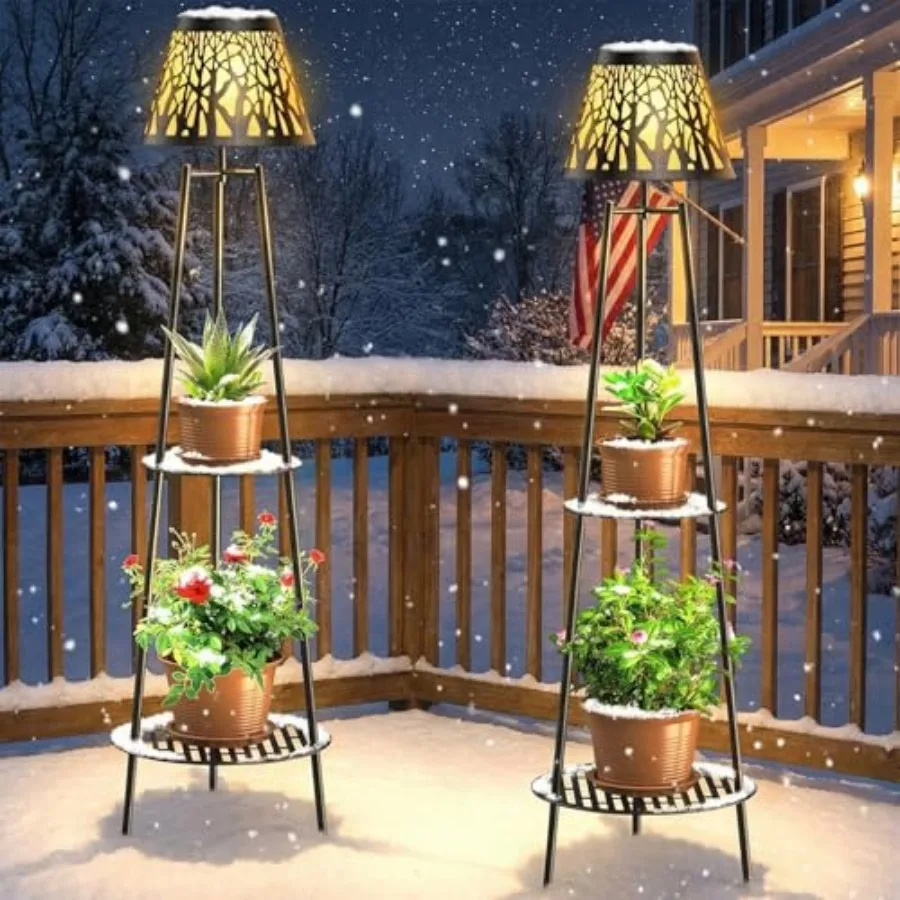 2 Pack Outdoor Solar Floor Lamp with Plant Stand Waterproof Metal Garden Lights with 2-Tier Shelves Decorative LED Cordless Pat view 4