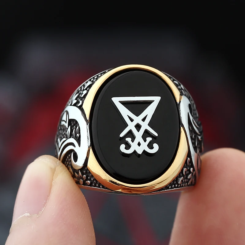 Dropshipping Vintage Sigil Lucifer Rock Ring 316L Stainless Steel Seal of Satan Stone Rings for Men Male Punk Rock Jewelry
