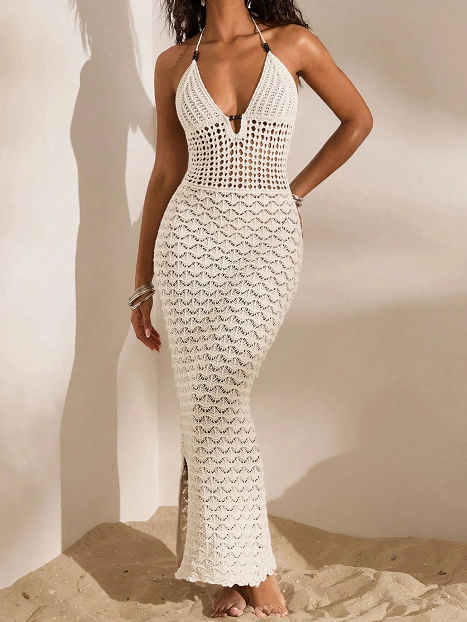 여성용 드레스 홀터넥 민소매 크로셰 속이 비치는 바디콘 롱 드레스 해변 휴가 파티용