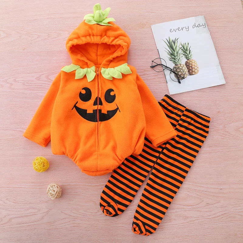 

New Baby Girls Jumpsuits Set Pumpkin Print Zipper Long Sleeves Hoodie Romper And Striped Pants 2 Piece Outfit 0-24 Months