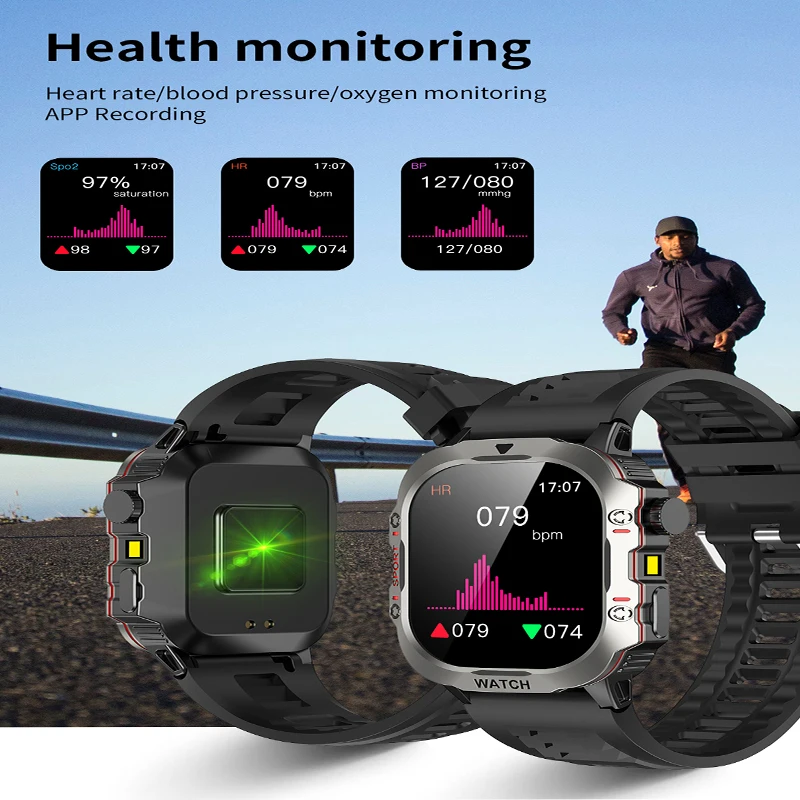 ใหม่ไฟฉายสมาร์ทวอทช์ LED การตรวจสอบอัตราการเต้นของหัวใจการโทรผ่านบลูทูธการติดตามเส้นทางการเคลื่อนไหวฟิตเนสผู้ชายผู้หญิงสมาร์ทวอทช์