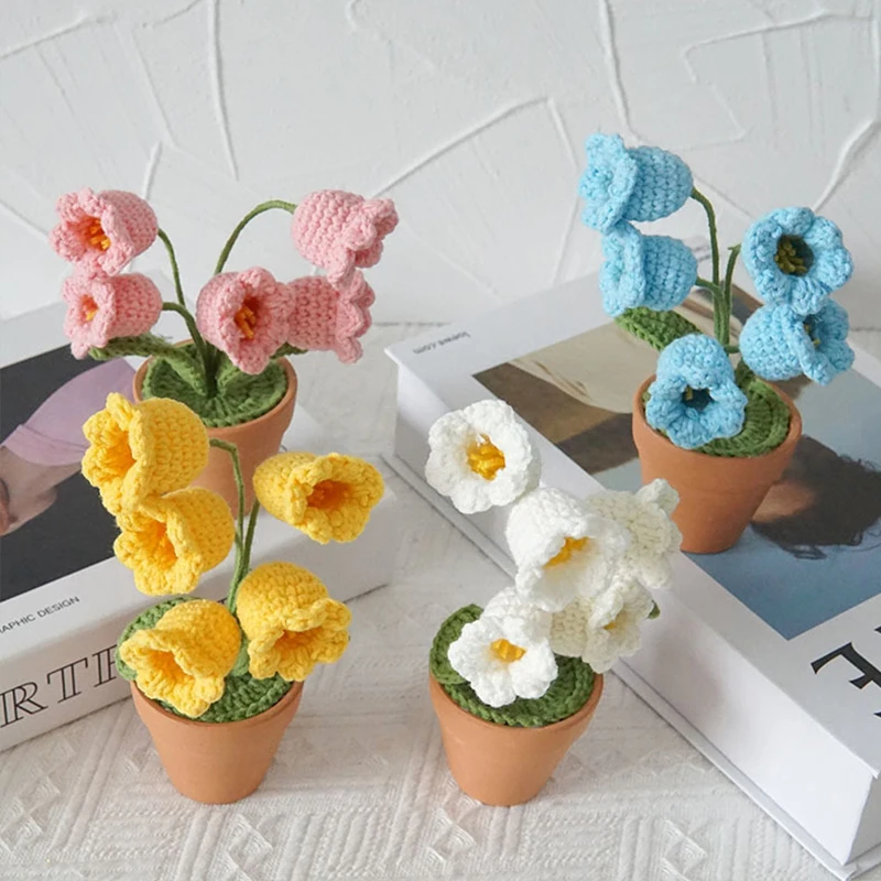 Knitting Potted Plant Crochet Bell Orchid Desktop Ornament Artificial Flowers Cute Handwoven Lily Potted Car Home Decoration