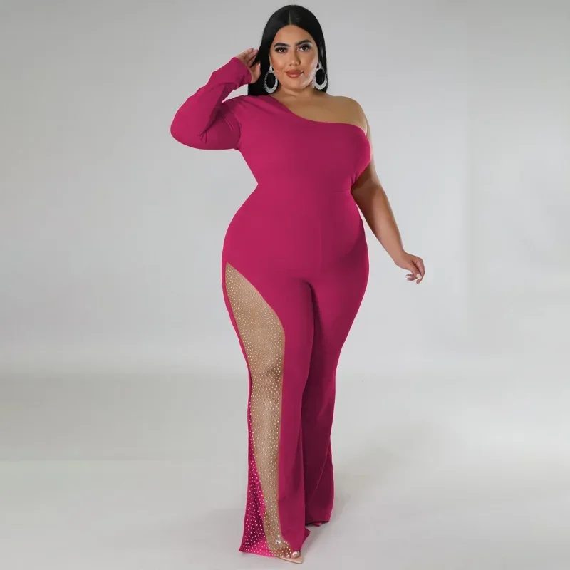 KEXU Plus Size Women One Long Sleeve High Waist Boot Cut Jumpsuit for 2024 Side Sheer Mesh Rhinestone Sexy Party Club Playsuit