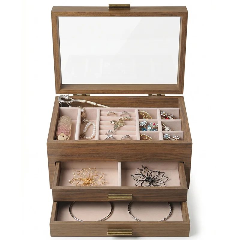 3 Drawer Walnut Grain Jewelry Display Box With Clear Window Jewelry Storage Organizer For Earrings Rings Necklaces Bracelets - view 5