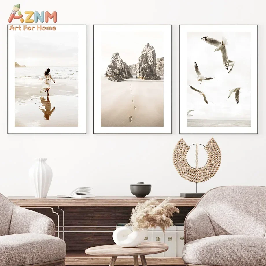 AZNM Neutral Beach Canvas Wall Art Coastal Print with Starfish Turtle for Living Room Bedroom Decor No Frame