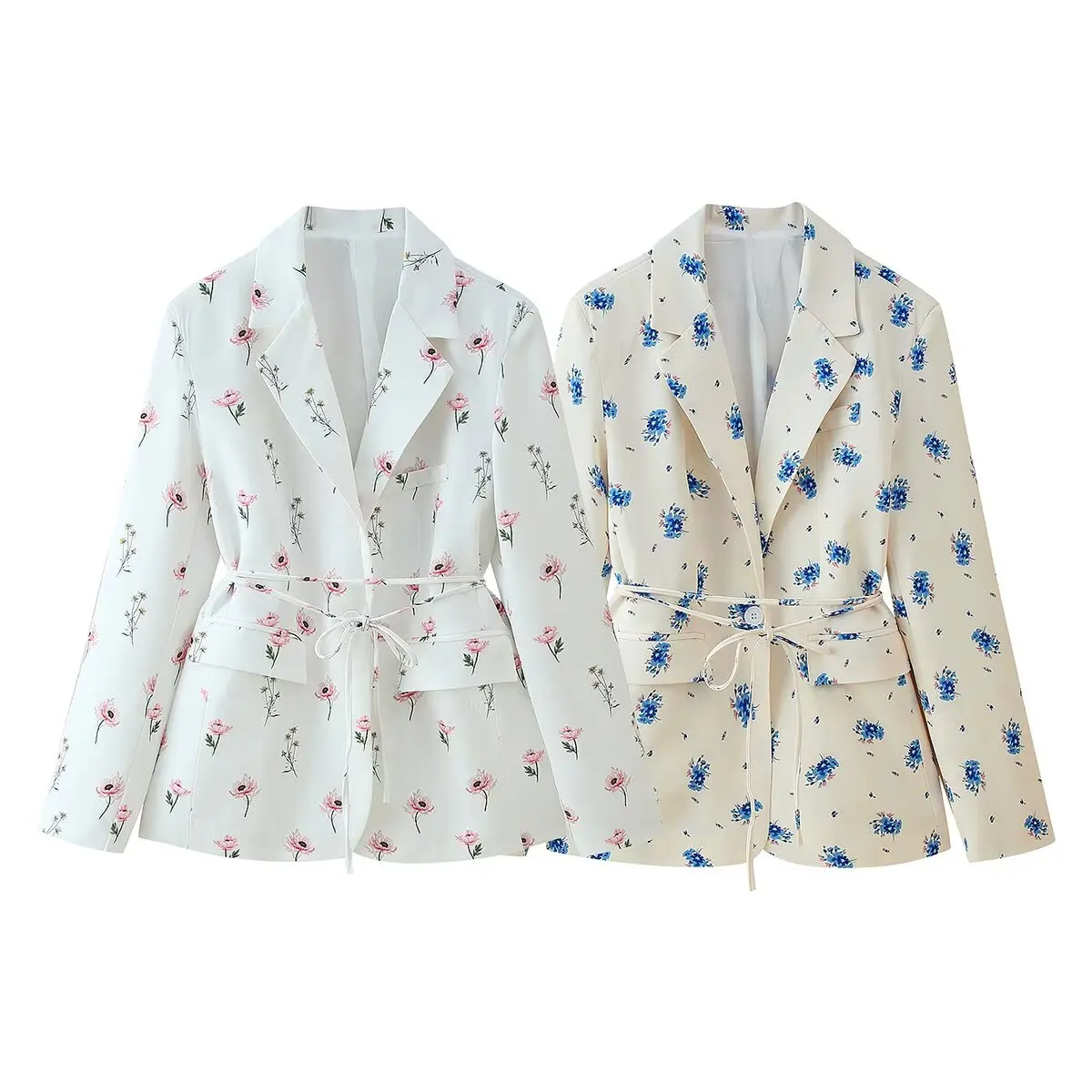 2025 Spring Autumn Lacing Up Bow Sashes Beige Floral Print Blazer Boyfriend Vintage Women Front Pockets Loose Suit Fashion Coat