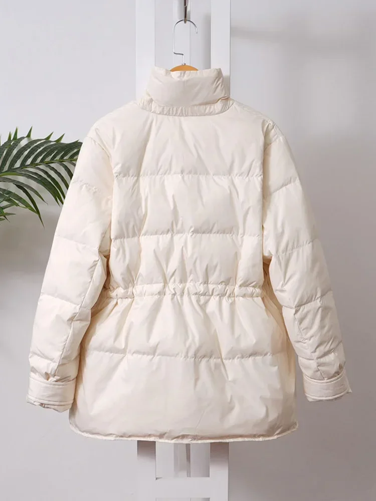 Kmetram Winter Women White Duck Down Coat Female Notched Collar Double Breasted Coat Casual Lady Drawstring Puffer Outwear