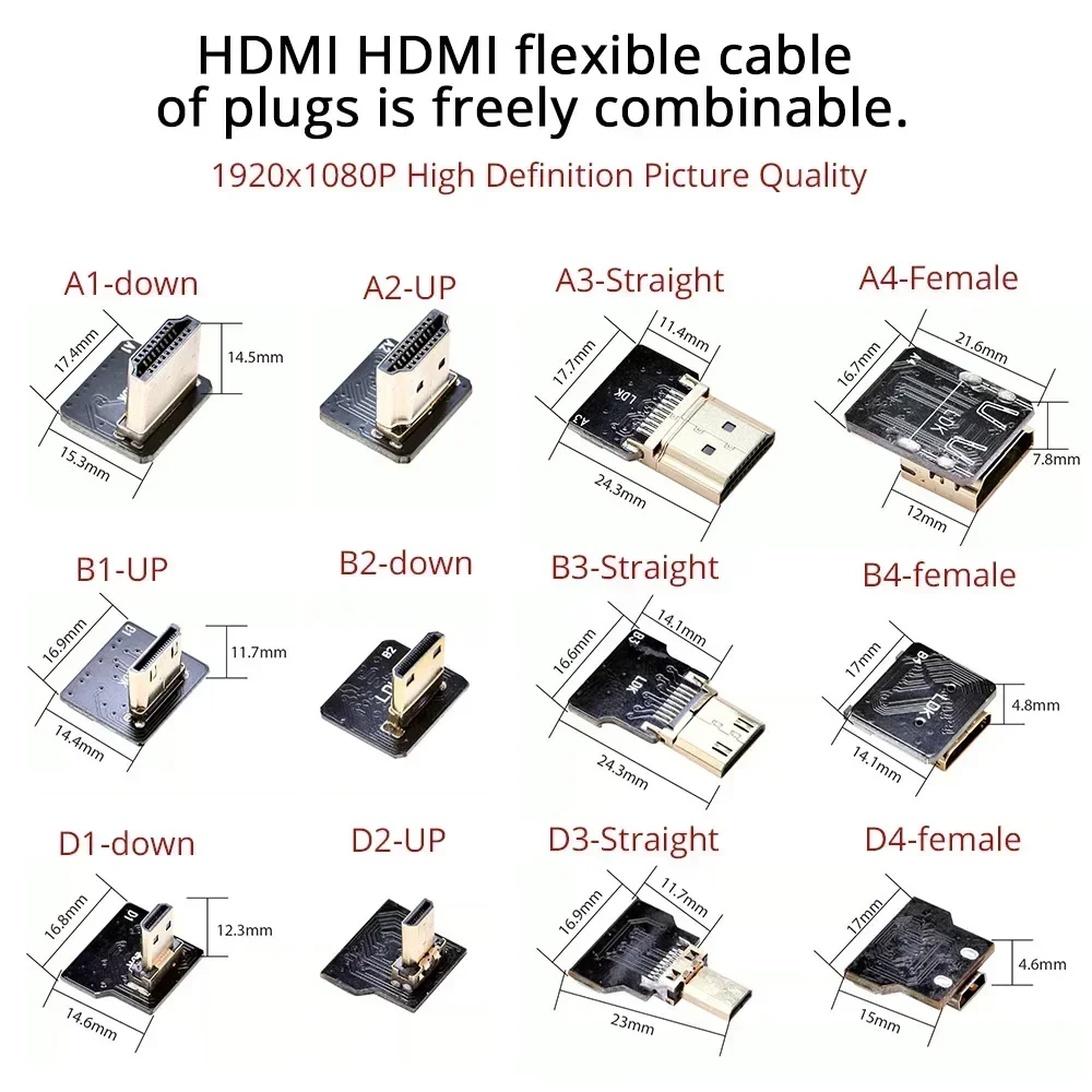 Suitable for HDMI-Compatible Cable Micro-HDMI To Mini-HDMI Ultra-thin FPC Flexible Cable 90 Angled Mini/Micro PCB Connectors DIY