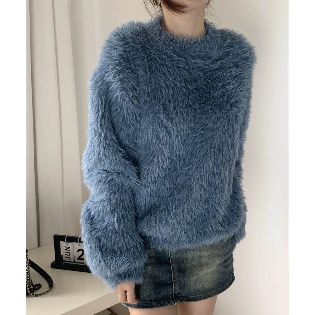 Women Long Sleeve Fluffy Loose Warm Sexy Crew-neck Sweater 2023 Autumn Winter New In Korean Fashion