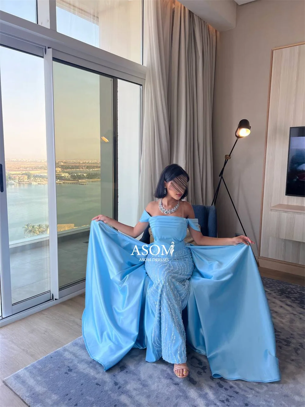 Bella Blue Satin Prom Dresses Off the Shoulder Mermaid فساتين سهرة Elegant Floor-length Detachable Train Vestidos De Fiesta 2024