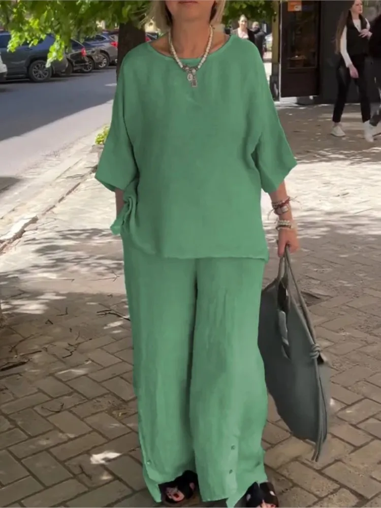 

Women Fashion Solid Color Cotton Loose Two Piece Sets Spring Summer O Neck 3/4 Sleeve Pocket Wide Leg Pants Female 2 Piece Set