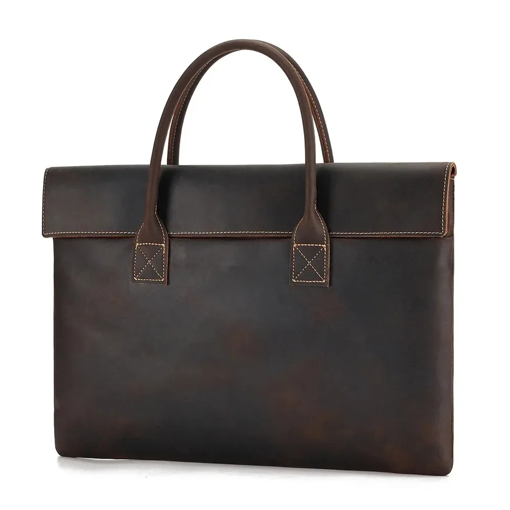 carteira de couro genuino para homens bolsa de escritorio do laptop pasta marrom couro genuino cavalo louco alta qualidade a4 14 156 01