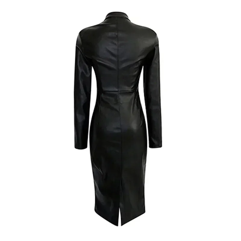 Plus Size Autumn New Fashion 2024 Women Stand Long Sleeve Faux Leather Zipper Flocking Black Casual Bodycon Kn-length Dress