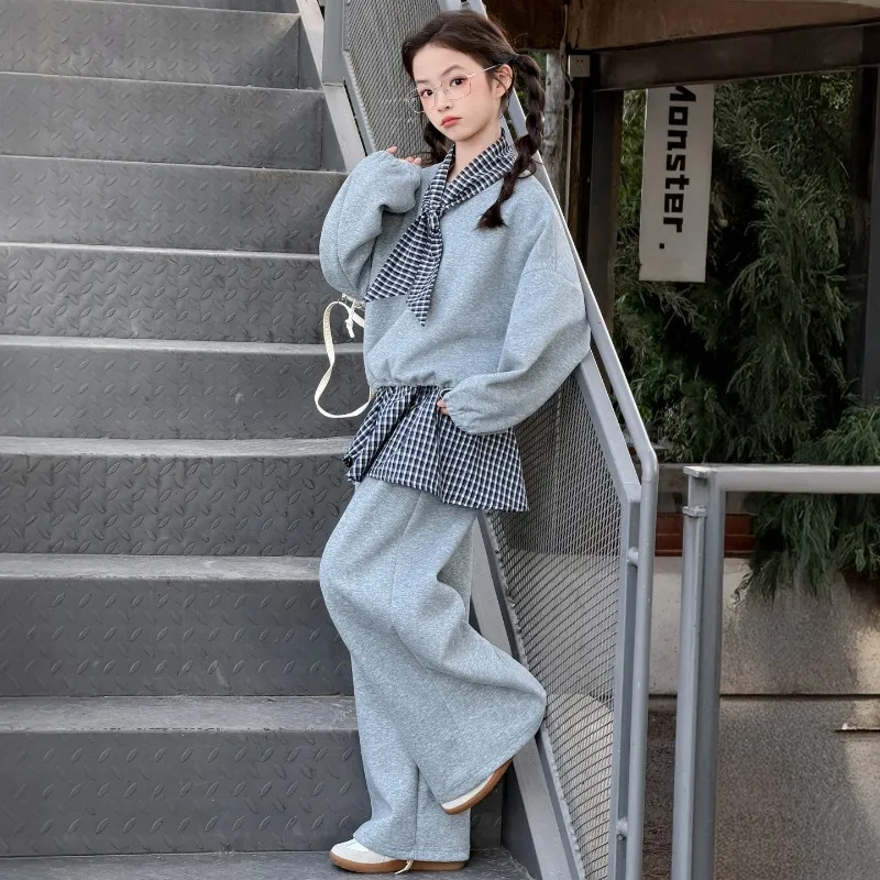 Girls Suit Spring Autumn 2026 Casual Minimalist Plaid Patchwork Sweatshirt And Wide Leg Pants Two Piece Set Children's Clothing