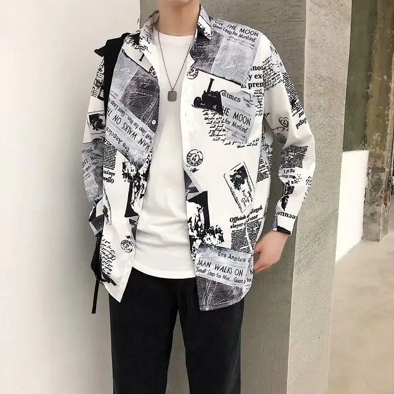 2023 Spring and Autumn and Winter Fashion Hong Kong Style Loose Fitting Newspaper Print Men's Ruffled Handsome Casual Coat Shirt